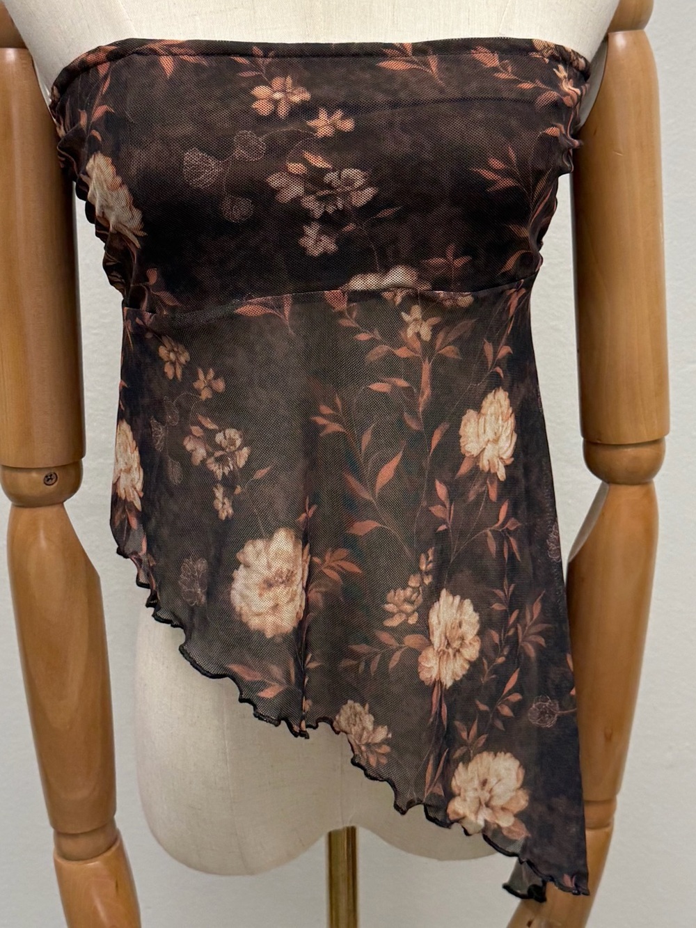 Ruby & Jiewel Los Angeles Floral Mesh Strapless Top Small Brown Asymmetrical